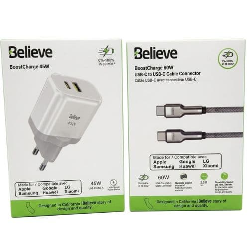 Kit Chargeur Rapide Believe 45W et Câble USB-C vers USB-C 60W, Haute Performance