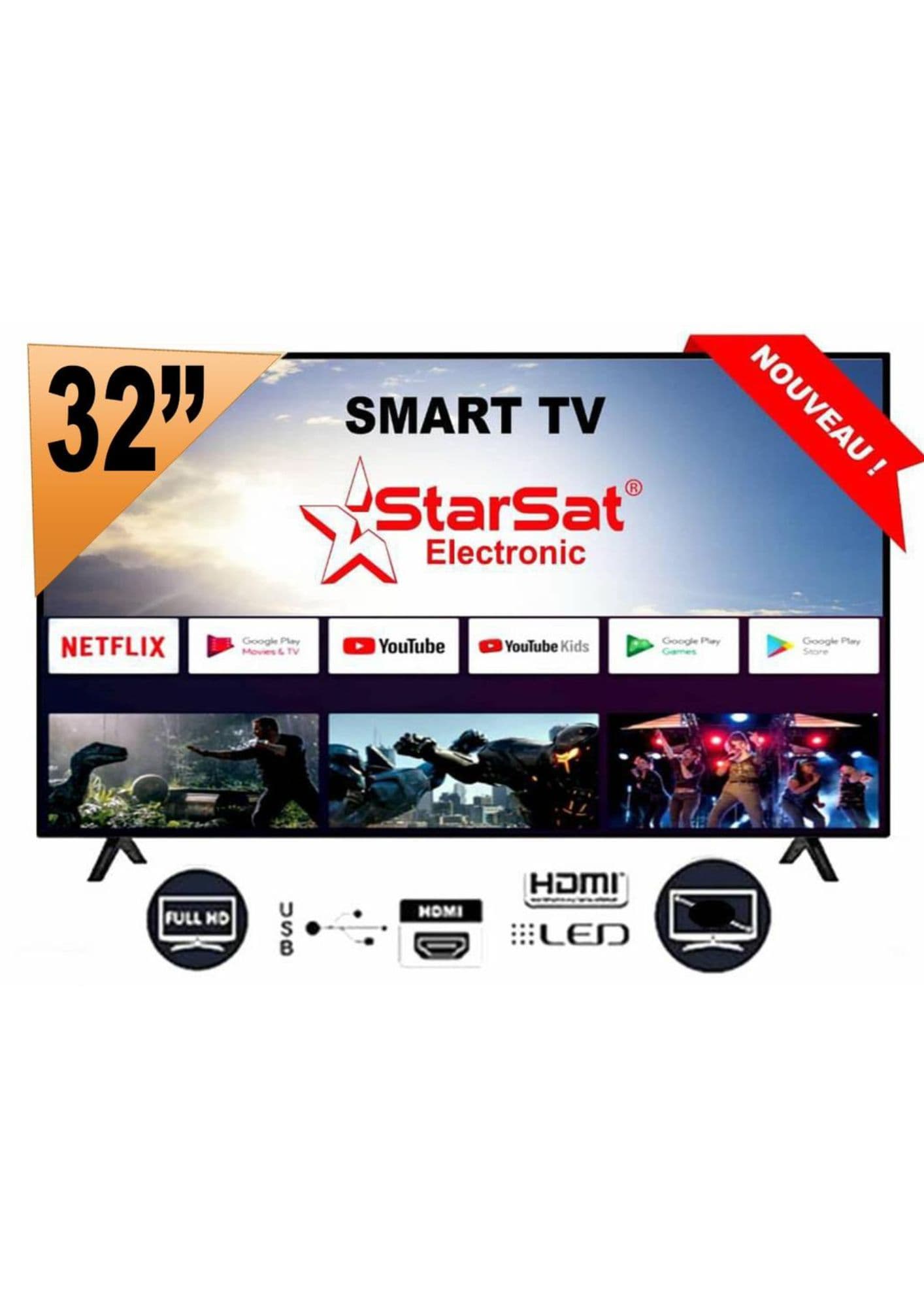 Smart TV LED 32 pouces, 4K Ultra HD Android WiFi & Bluetooth STARSAT